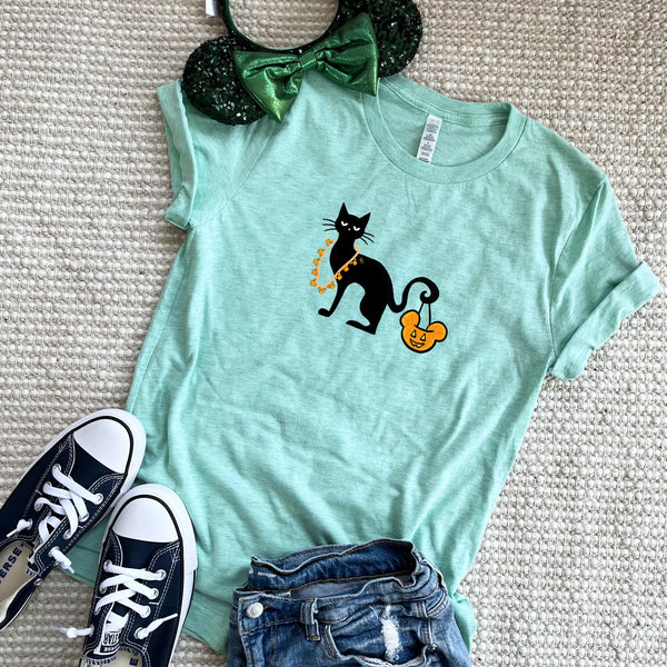 Disney Halloween Cat T-Shirt With Mickey Pumpkin Bucket and Lights Subtle Funny Disney Halloween T-Shirt
