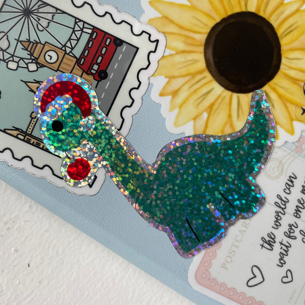 Cute Disney Christmas Hollywood Studios Santa Gertie Christmas Dinosaur Glitter sparkly sticker for laptops, journals, kindle, phone case