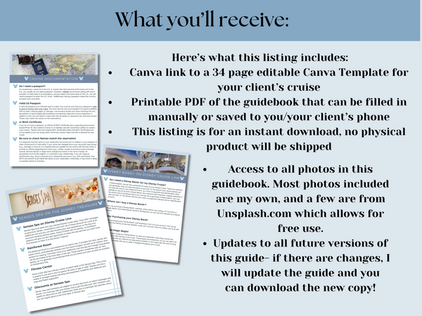 Disney Treasure Cruise Handbook, DCL guidebook, Travel Agent Cruise Canva Template and Downloadable PDF guide, Canva Cruise Guide, DCL packing list