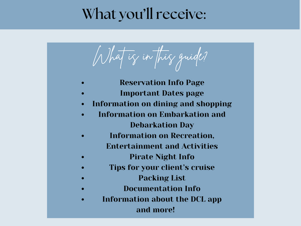 Disney Treasure Cruise Handbook, DCL guidebook, Travel Agent Cruise Canva Template and Downloadable PDF guide, Canva Cruise Guide, DCL packing list