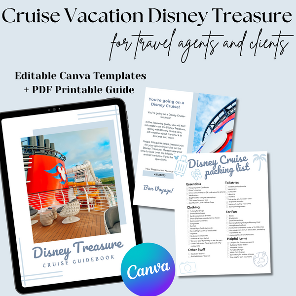 Disney Treasure Cruise Handbook, DCL guidebook, Travel Agent Cruise Canva Template and Downloadable PDF guide, Canva Cruise Guide, DCL packing list