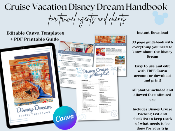 Disney Dream Cruise Handbook, DCL guidebook, Travel Agent Cruise Canva Template and Downloadable PDF guide, Canva Cruise Guide, DCL packing list
