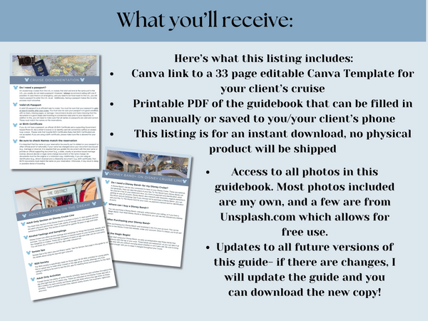 Disney Dream Cruise Handbook, DCL guidebook, Travel Agent Cruise Canva Template and Downloadable PDF guide, Canva Cruise Guide, DCL packing list