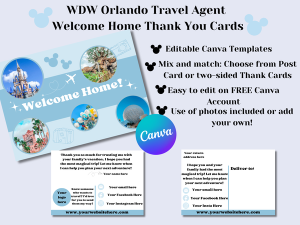 WDW Orlando Travel Agent Welcome Home Thank You Card, Theme Park Post Card, Editable Canva Template, Travel Planner