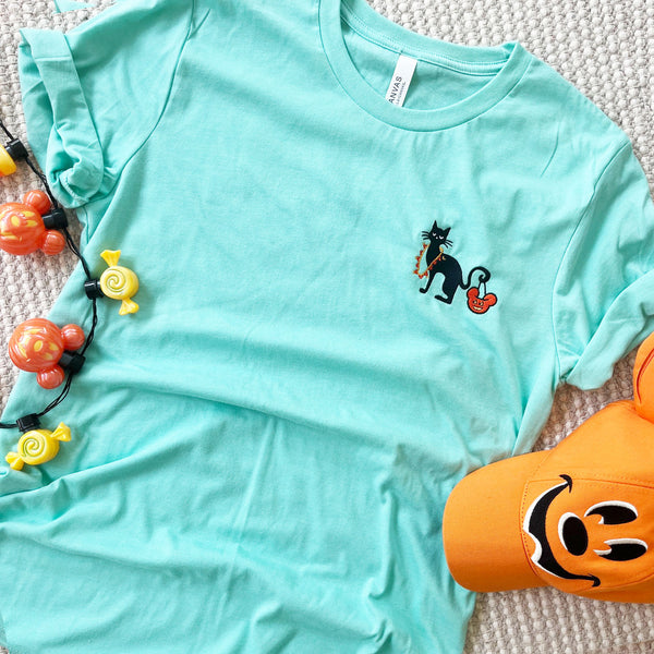 Disney Halloween Cat EMBROIDERED T-Shirt With Mickey Pumpkin Bucket and Lights Subtle Funny Disney Halloween T-Shirt