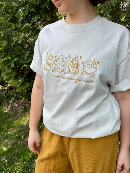Disney World Parks EMBROIDERED T-Shirt What a Wonderful World Heavy Weight Faded T-Shirt