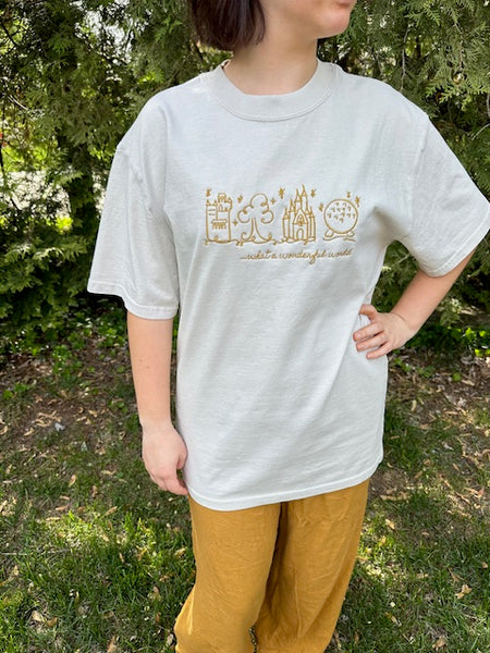 Disney World Parks EMBROIDERED T-Shirt What a Wonderful World Heavy Weight Faded T-Shirt