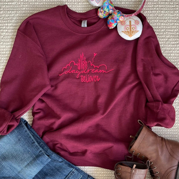 Disney Castle EMBROIDERED Sweatshirt Daydream Believer with Mickey Balloon Unisex Disney Embroidered Sweatshirt