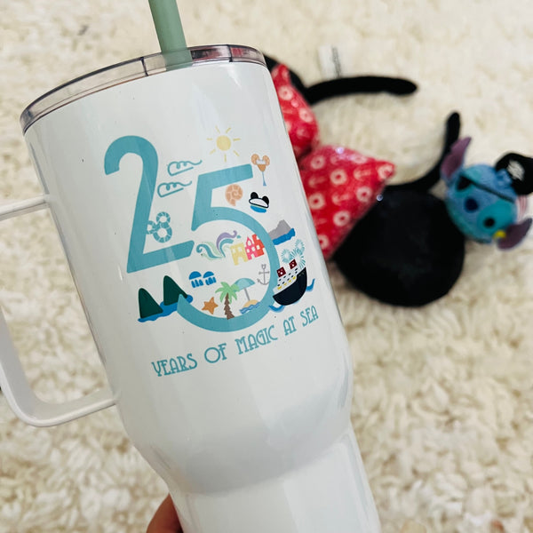 Disney Cruise Line Tumbler 25 year silver anniversary DCL Disney cruise Travel mug with a handle
