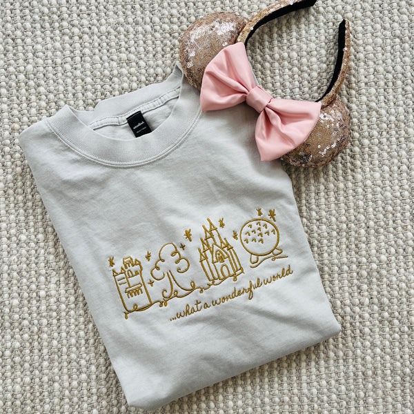 Disney World Parks EMBROIDERED T-Shirt What a Wonderful World Heavy Weight Faded T-Shirt