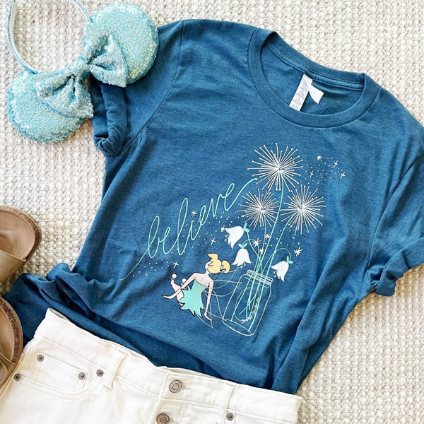 Tinkerbell Believe T-shirt READY TO SHIP- Heather Deep Teal- Small