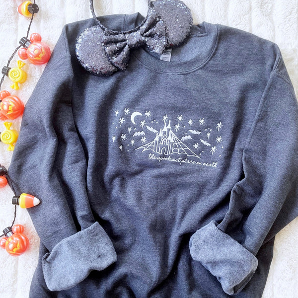 Disney Halloween Sweatshirt EMBROIDERED- READY TO SHIP-Dark Heather Gray- Medium