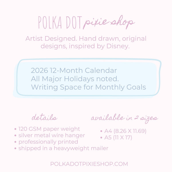 2026 Disney Inspired Illustrated Quote Wall Calendar 12 Month