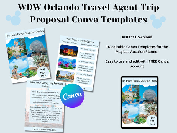 Disney Travel Planner WDW Orlando Theme Park Vacation Travel Agent Trip Proposal Canva Templates Editable Downloads