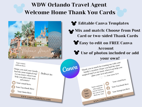 Disney Travel Agent Welcome Home Thank You Card, Travel Planner Post Card, Editable Canva Template, Travel Planner
