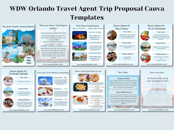 Disney Travel Planner WDW Orlando Theme Park Vacation Travel Agent Trip Proposal Canva Templates Editable Downloads