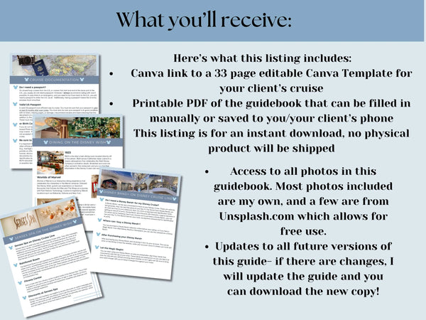 Disney Wish Cruise 33 page Handbook, DCL guidebook, Travel Agent Cruise Canva Template and Download PDF guide, Canva Cruise Guide, DCL packing list