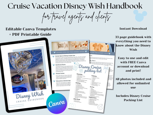 Disney Wish Cruise 33 page Handbook, DCL guidebook, Travel Agent Cruise Canva Template and Download PDF guide, Canva Cruise Guide, DCL packing list