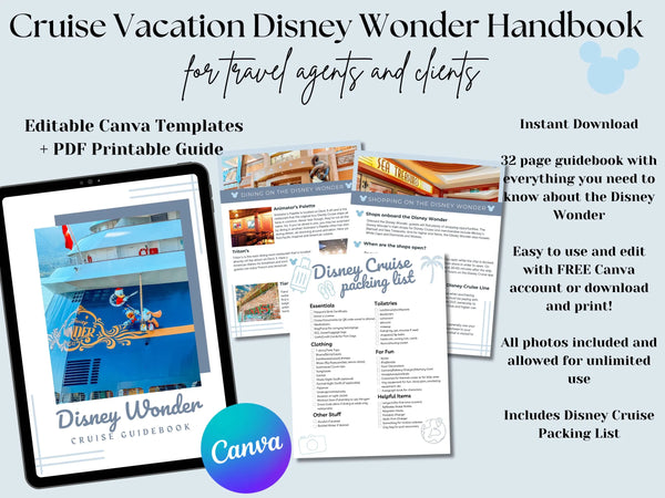 Disney Wonder Cruise 32 page Handbook, Disney Cruise guidebook, Travel Agent Cruise Canva Template and PDF guide, Canva Cruise Guide, DCL packing list