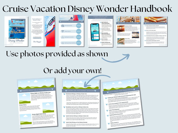 Disney Wonder Cruise 32 page Handbook, Disney Cruise guidebook, Travel Agent Cruise Canva Template and PDF guide, Canva Cruise Guide, DCL packing list