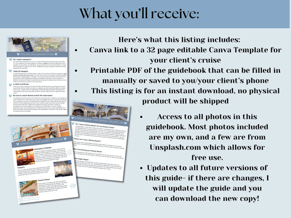 Disney Wonder Cruise 32 page Handbook, Disney Cruise guidebook, Travel Agent Cruise Canva Template and PDF guide, Canva Cruise Guide, DCL packing list