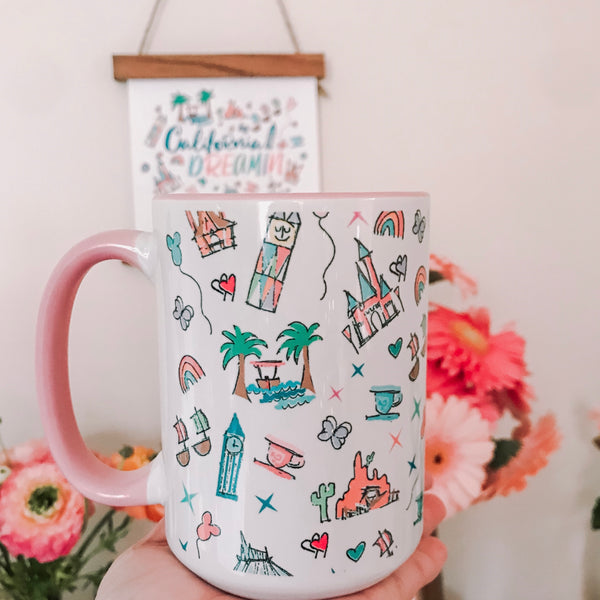 Disneyland Parks Icons Disney Inspired Mug 15oz. (Pink + White)