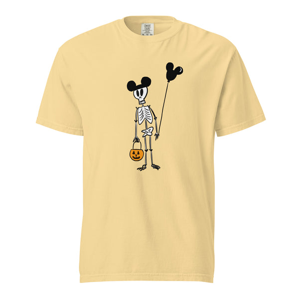 Funny Disney Halloween Skeleton Comfort Colors T-shirt with Mickey Balloon and Trick or Treat Pumpkin Unisex  t-shirt