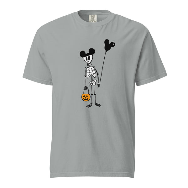 Funny Disney Halloween Skeleton Comfort Colors T-shirt with Mickey Balloon and Trick or Treat Pumpkin Unisex  t-shirt