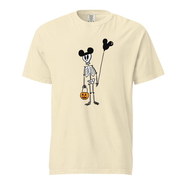 Funny Disney Halloween Skeleton Comfort Colors T-shirt with Mickey Balloon and Trick or Treat Pumpkin Unisex  t-shirt