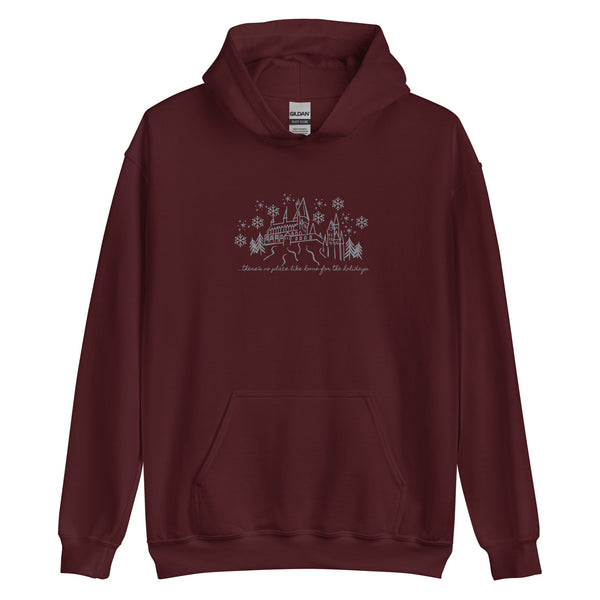 Home for the Holidays EMBROIDERED Hoodie Sweatshirt Magical Christmas Castle Holiday Snowfall Embroidered Hoodie