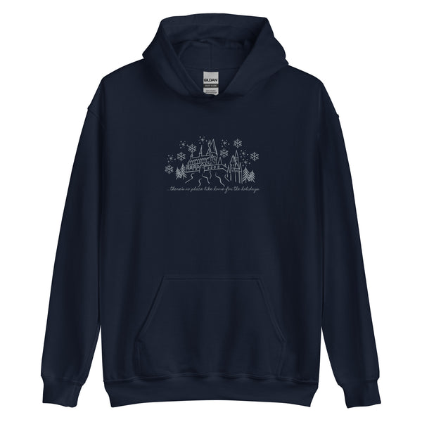 Home for the Holidays EMBROIDERED Hoodie Sweatshirt Magical Christmas Castle Holiday Snowfall Embroidered Hoodie