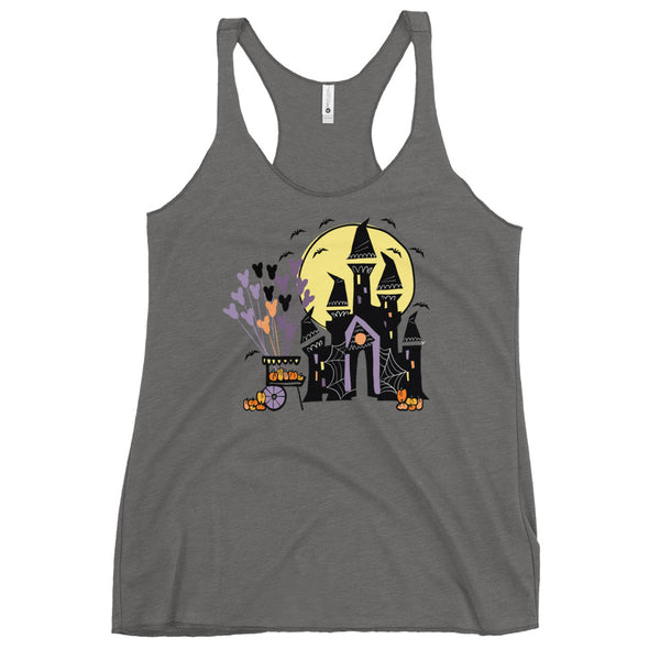 Disney World Halloween Castle Tank Top with Pumpkin Cart and Balloons Disney Halloween Women's Racerback Tank