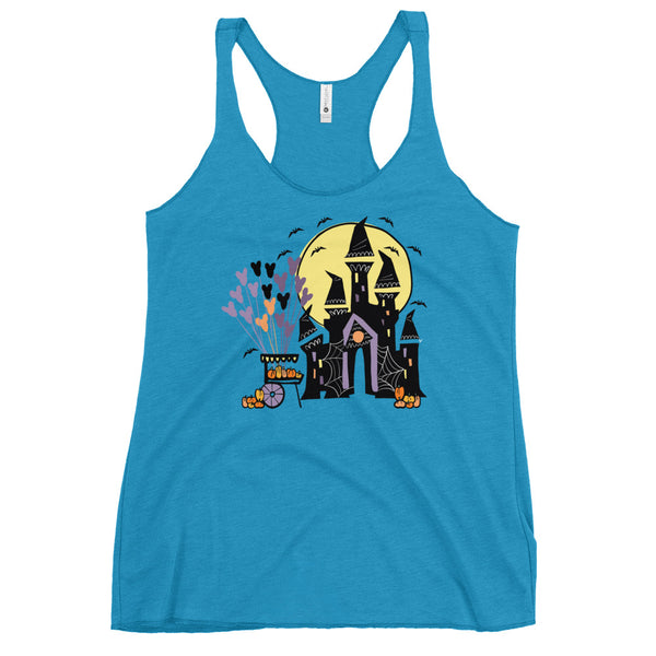 Disney World Halloween Castle Tank Top with Pumpkin Cart and Balloons Disney Halloween Women's Racerback Tank