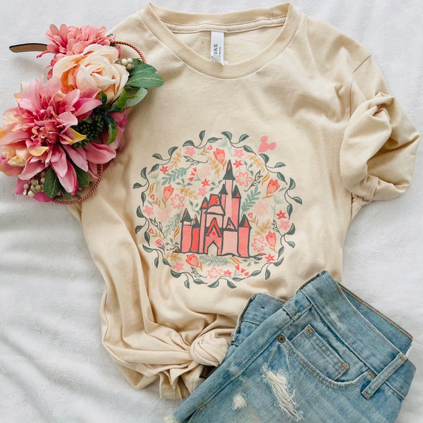 Cinderella's Castle Garden T-Shirt Floral Spring Disney Short-Sleeve Unisex T-Shirt