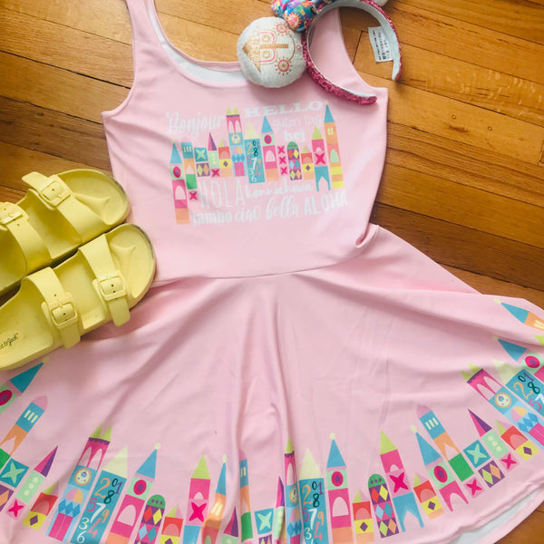 Small World Disney Dress Walt Disney World Disneyland Pink Skater Dress