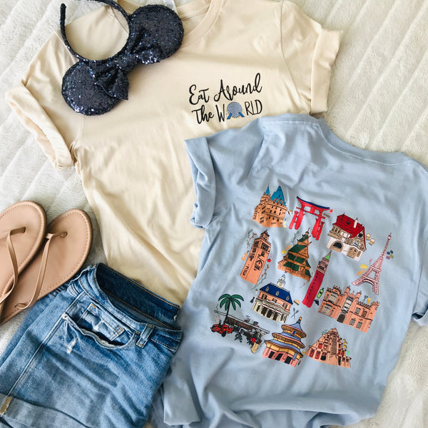 Epcot Around the World T-Shirt Disney Food and Wine Festival Eat Around the World Showcase 2-Sided T-Shirt