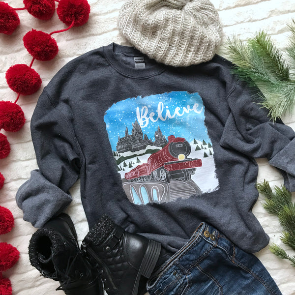 Christmas Castle and Train Believe Unisex Sweatshirt