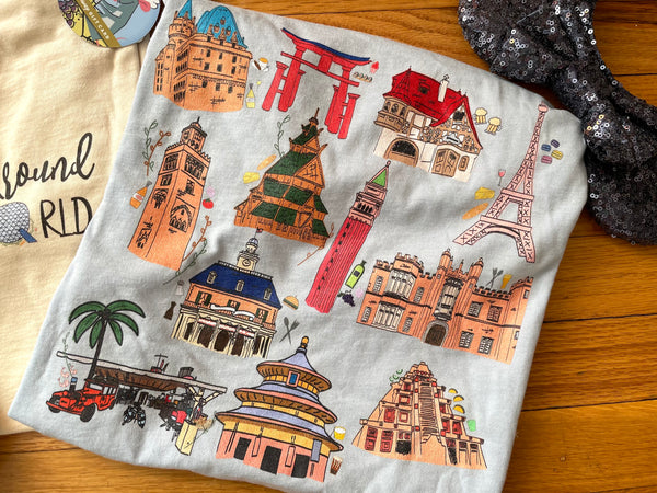 Epcot Around the World T-Shirt Disney Food and Wine Festival Eat Around the World Showcase 2-Sided T-Shirt
