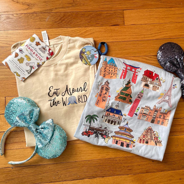 Epcot Around the World T-Shirt Disney Food and Wine Festival Eat Around the World Showcase 2-Sided T-Shirt