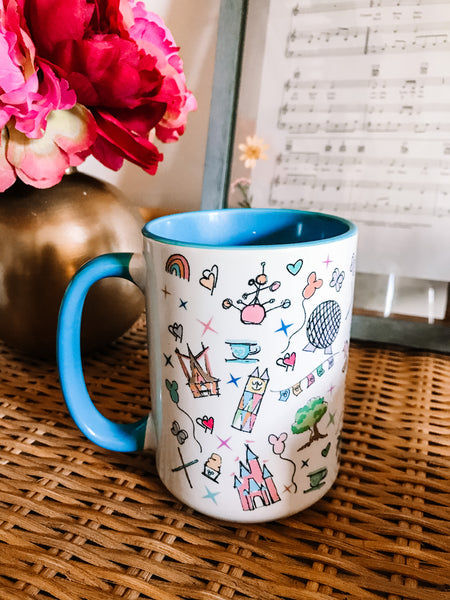 Walt Disney World Parks Icons Disney Inspired Mug with Blue Handle