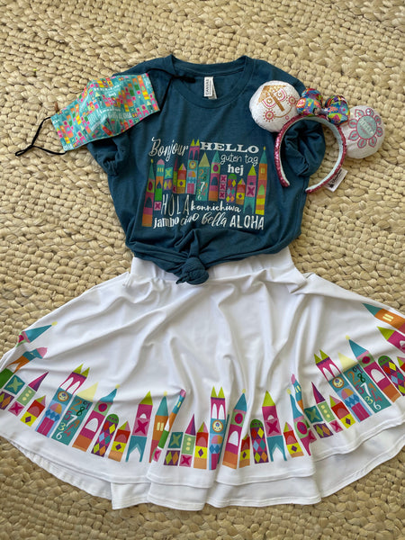 Small World Hello Skirt Disney Ride Walt Disney World Disneyland Skater Skirt- White