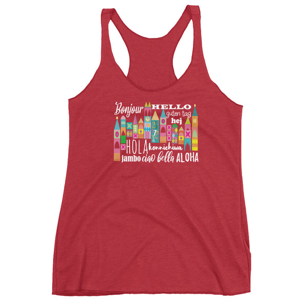 Small World Hello Tank Top Disney Small World Many Languages Ladies Tank