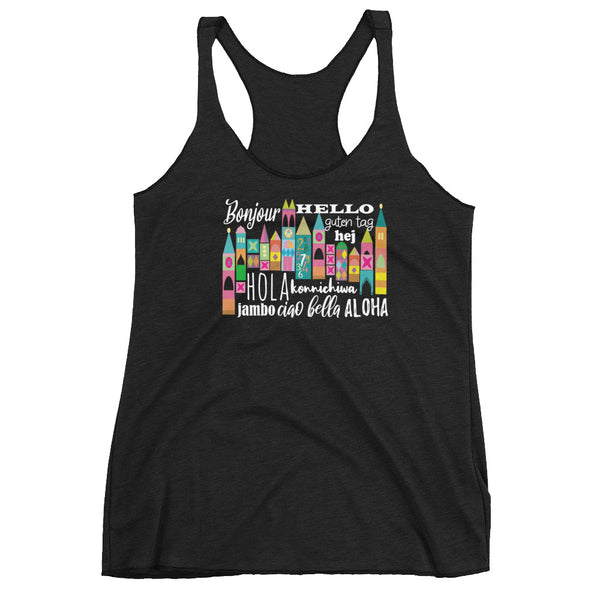 Small World Hello Tank Top Disney Small World Many Languages Ladies Tank