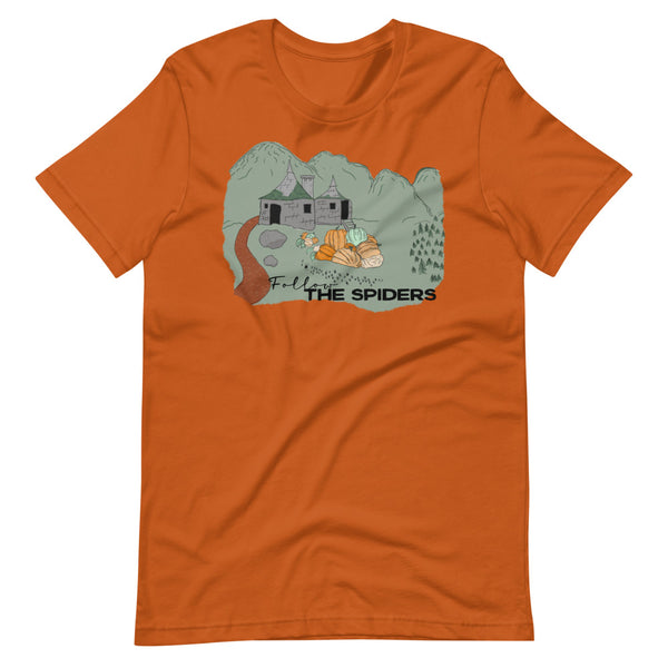 Follow the Spiders T-Shirt Vintage Pumpkin Patch Gameskeeper Hut Fall T-Shirt