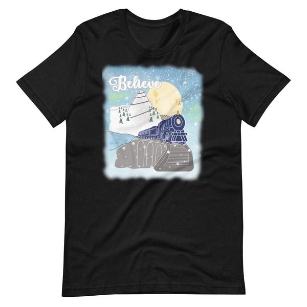 Believe Polar Express Train Winter Mountain Christmas Movie Unisex t-shirt