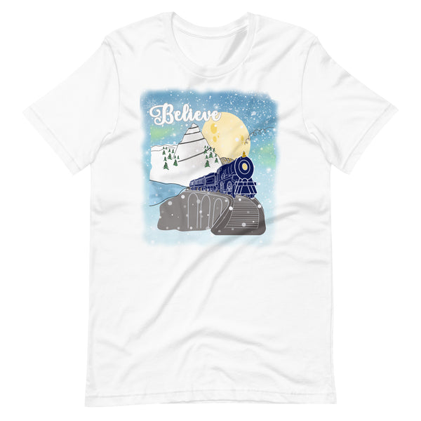 Believe Polar Express Train Winter Mountain Christmas Movie Unisex t-shirt