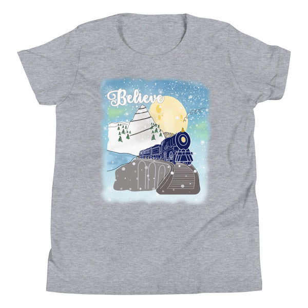 Believe Polar Express Kids Train Winter Mountain Christmas Movie Youth Short Sleeve T-Shirt