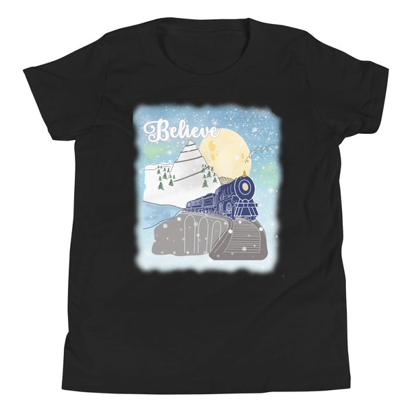 Believe Polar Express Kids Train Winter Mountain Christmas Movie Youth Short Sleeve T-Shirt