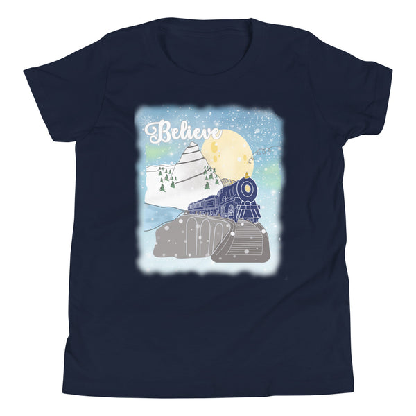 Believe Polar Express Kids Train Winter Mountain Christmas Movie Youth Short Sleeve T-Shirt
