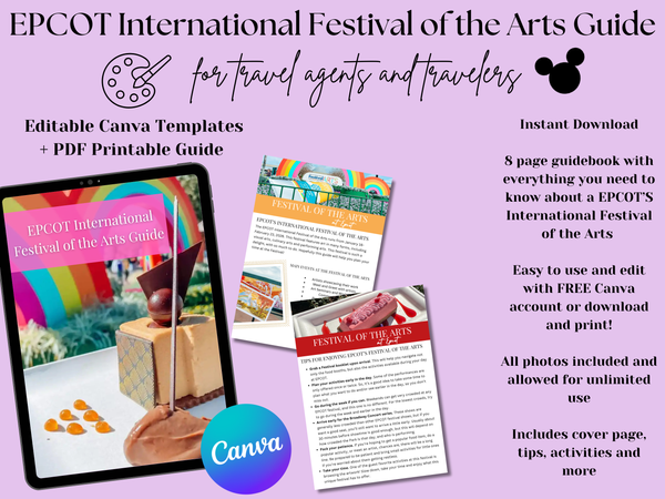 EPCOT Festival of the Arts Guide, 8-page Travel Agent Editable Canva Template + Downloadable PDF